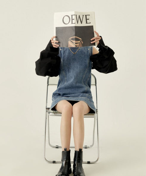 Detachable Sleeve Denim Mini Dress